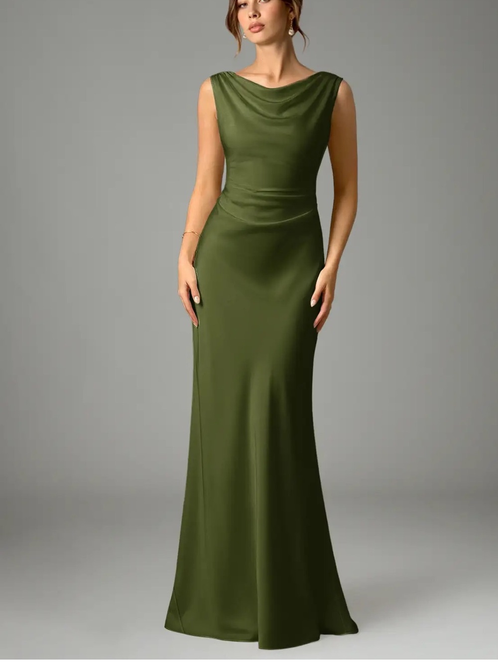 Azazie Kieryn Olive Mermaid Pleated Satin Stretch Dress